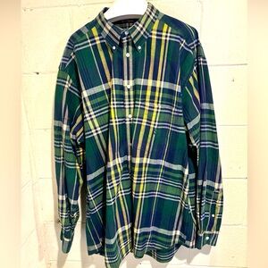 Nautical men’s green plaid button down casual shirt